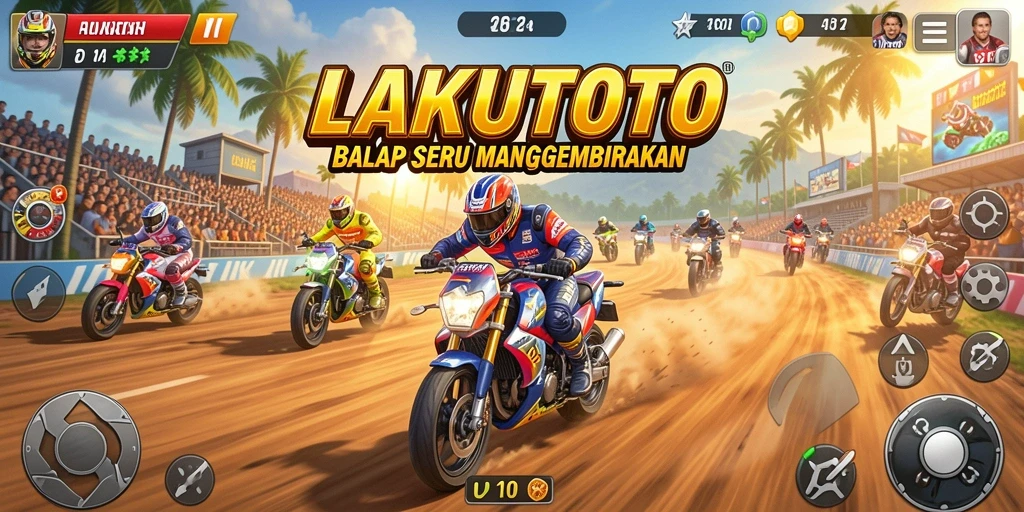 Screenshot gameplay LAKUTOTO menunjukkan aksi balap yang mendebarkan.