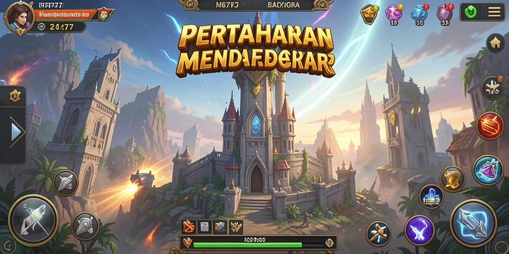 Screenshot gameplay RR777 menampilkan aksi menara dalam pertahanan melawan musuh.