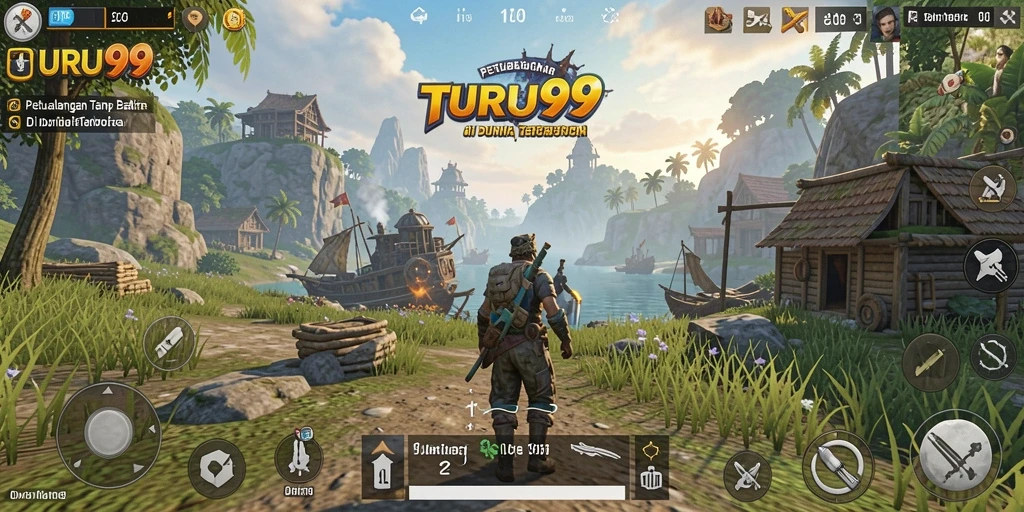 Screenshot gameplay TURU99 menunjukkan pemandangan spektakuler di dunia terbuka.