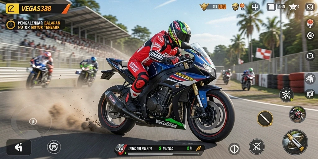 Screenshot gameplay VEGAS338 dengan grafik balapan motor yang luar biasa.